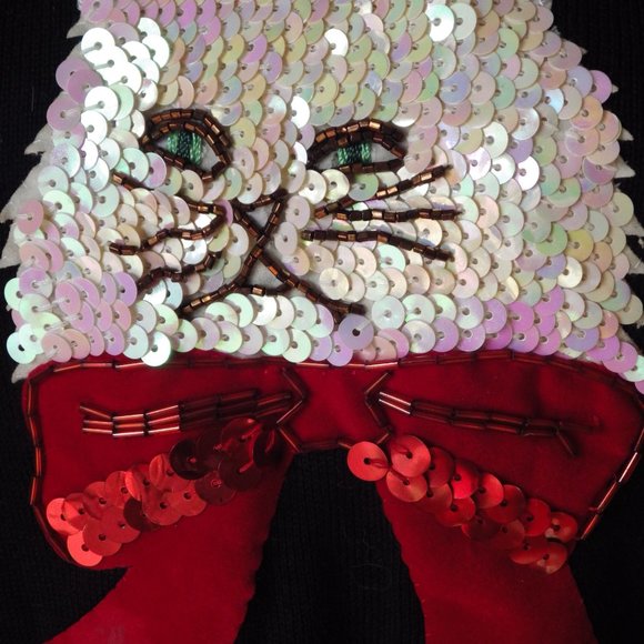 Cat Embellished "Sweater Weather" Scoop-Neck/ Sequined White Persian/ Red Bow/ - Picture 4 of 7
